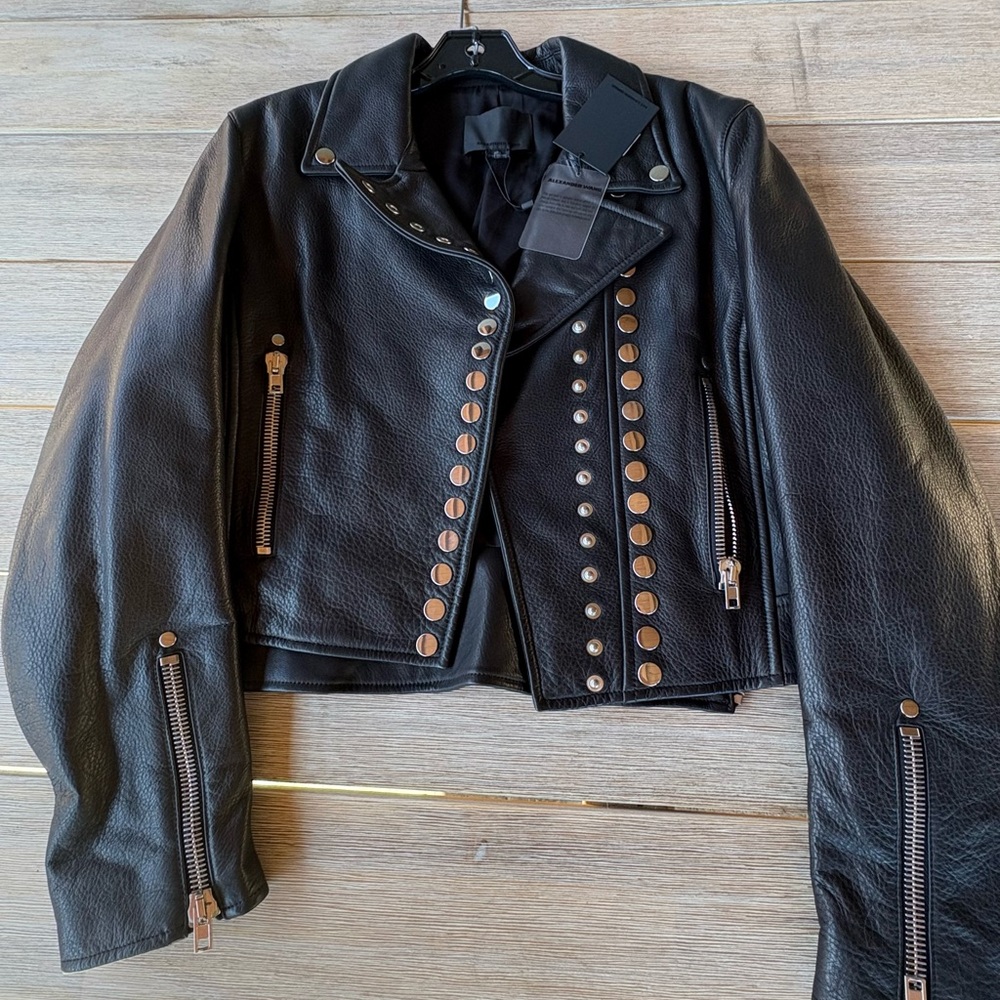 Alexander Wang Cropped Black Leather Jacket with Silver Stud Accents (NWT)